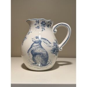 Rare Maxcera Blue and White Toile RABBIT and ROSES/BERRIES   64 oz PITCHER  New